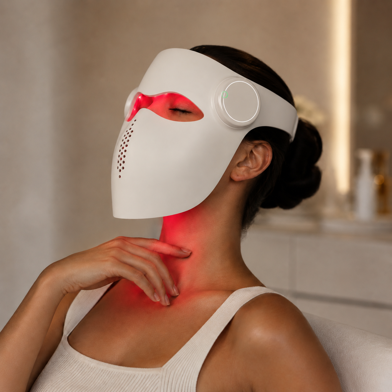 SWETJOZO E108A LED mask worn during a skincare routine